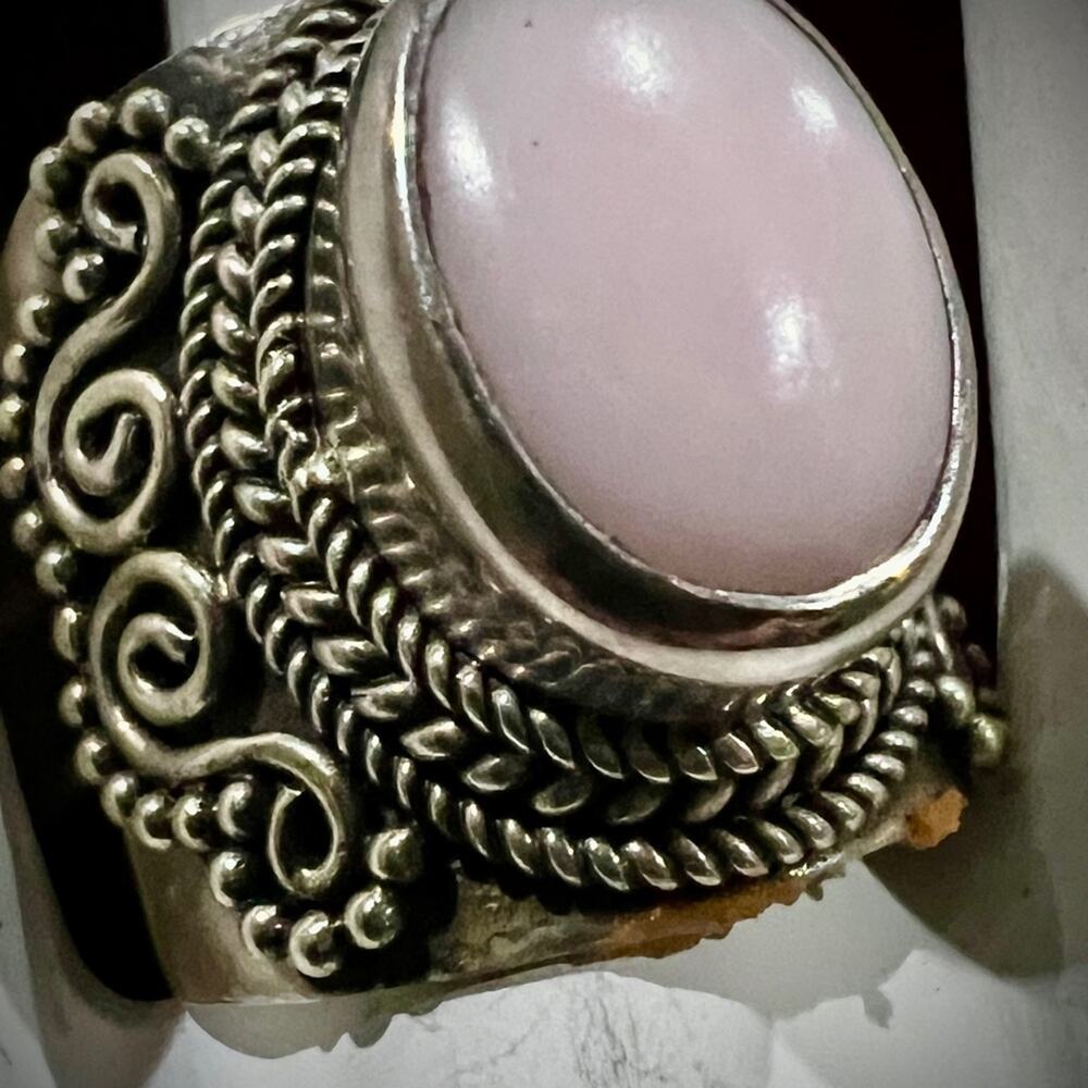 Artisan Bali 925 Silver Pink Opal Scroll Cigar Band Ring Sz 7.5